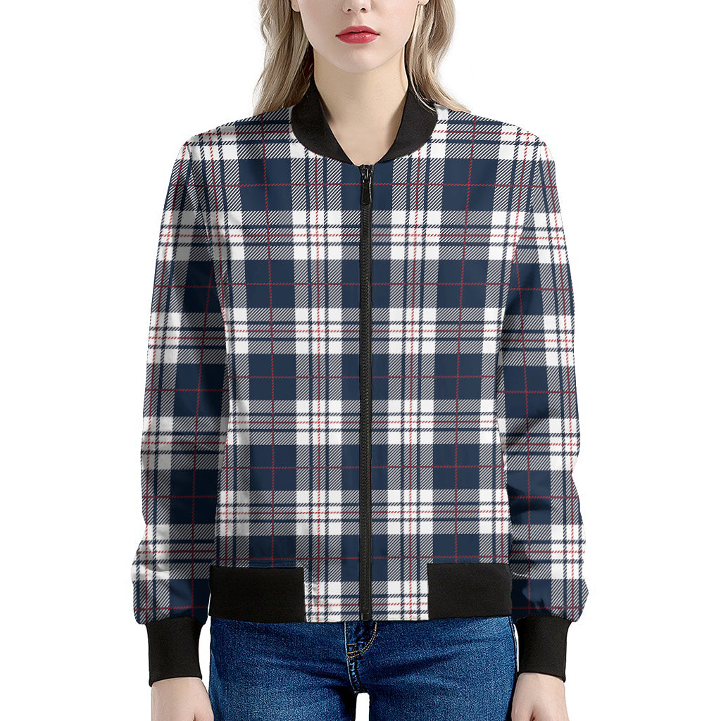 Blue White And Red Tartan Pattern Print Women's Bomber Jacket