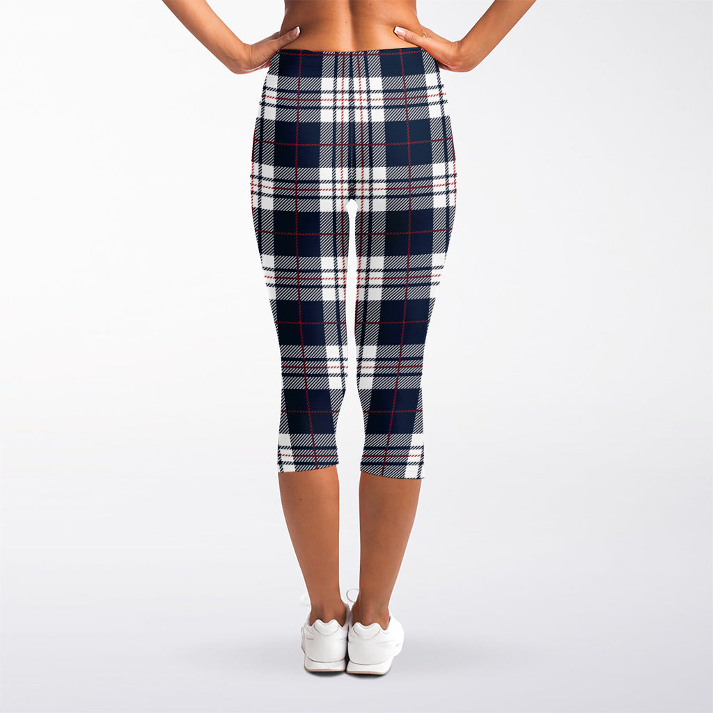 Blue White And Red Tartan Pattern Print Women's Capri Leggings