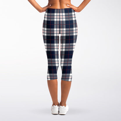 Blue White And Red Tartan Pattern Print Women's Capri Leggings