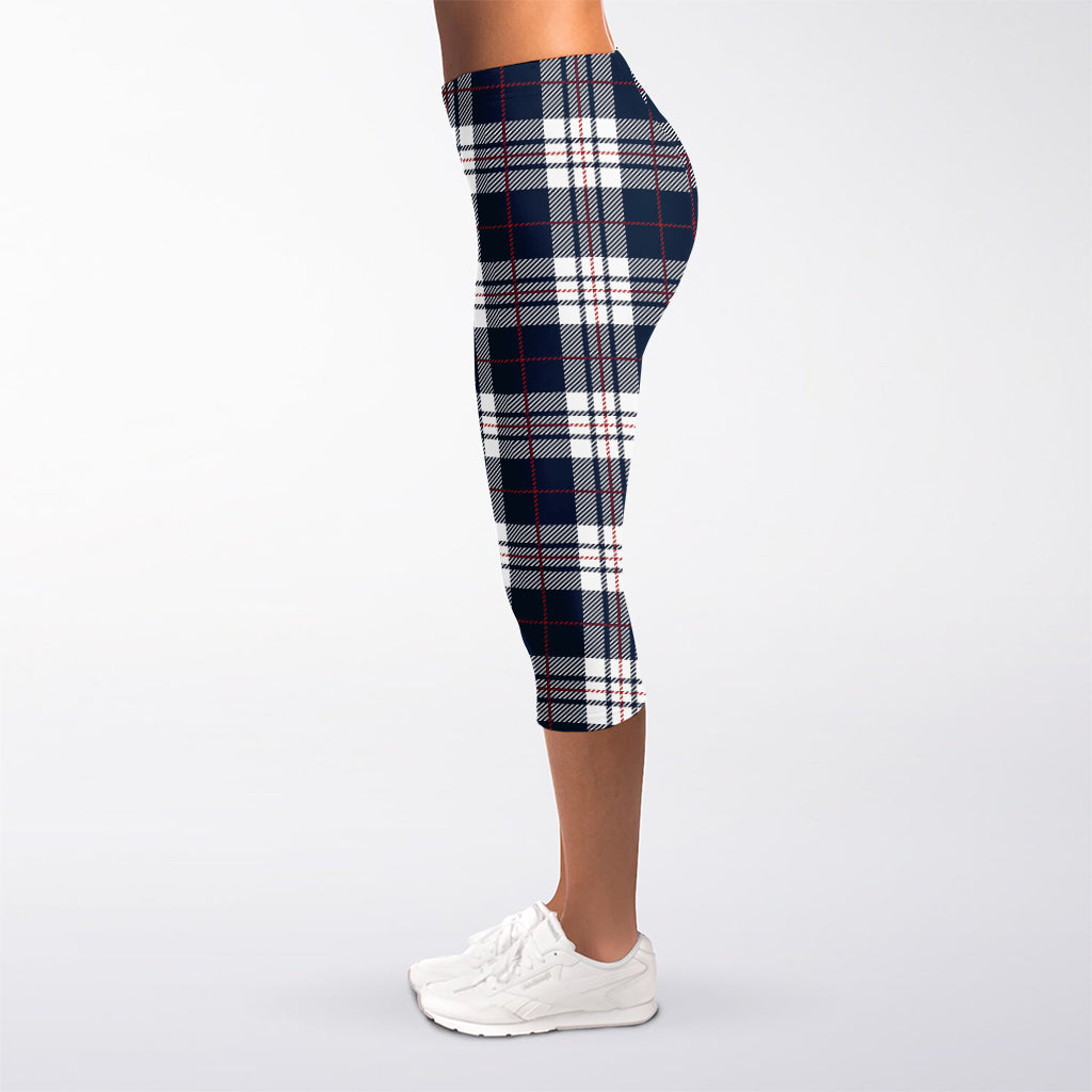 Blue White And Red Tartan Pattern Print Women's Capri Leggings