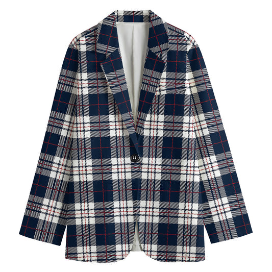 Blue White And Red Tartan Pattern Print Women's Cotton Blazer
