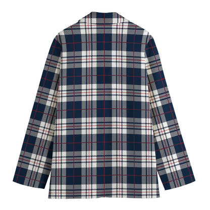 Blue White And Red Tartan Pattern Print Women's Cotton Blazer