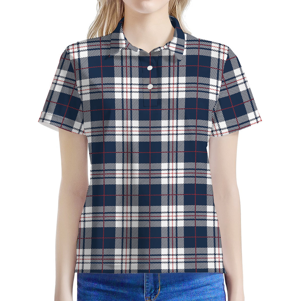 Blue White And Red Tartan Pattern Print Women's Polo Shirt
