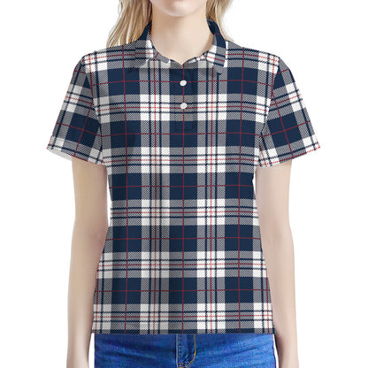 Blue White And Red Tartan Pattern Print Women's Polo Shirt