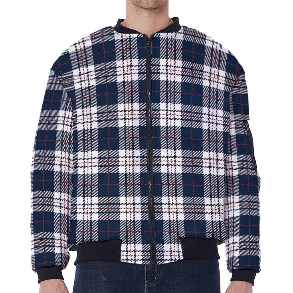 Blue White And Red Tartan Pattern Print Zip Sleeve Bomber Jacket