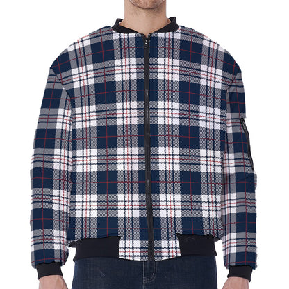 Blue White And Red Tartan Pattern Print Zip Sleeve Bomber Jacket