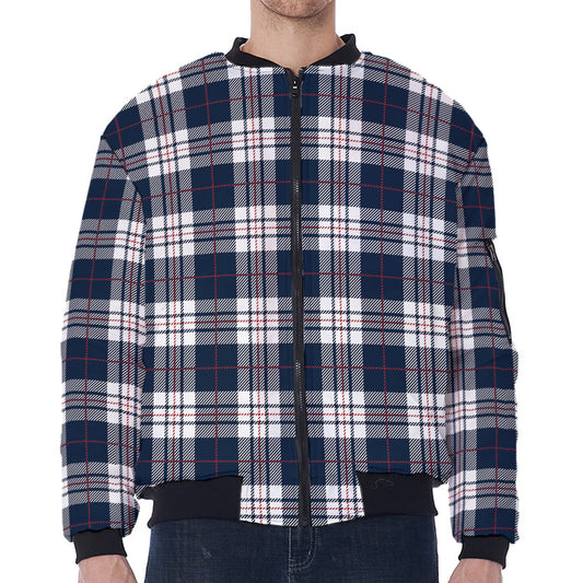 Blue White And Red Tartan Pattern Print Zip Sleeve Bomber Jacket