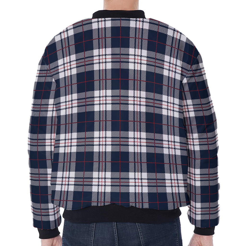 Blue White And Red Tartan Pattern Print Zip Sleeve Bomber Jacket