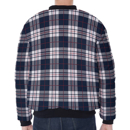 Blue White And Red Tartan Pattern Print Zip Sleeve Bomber Jacket