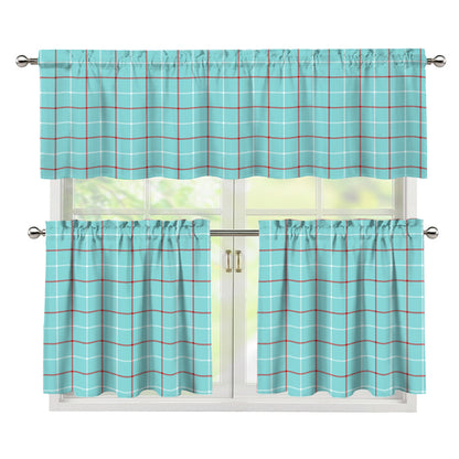 Blue White And Red Tattersall Print 3 Piece Kitchen Curtains
