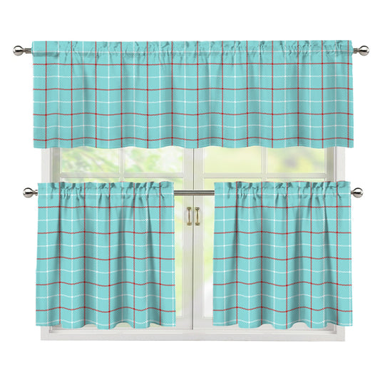 Blue White And Red Tattersall Print 3 Piece Kitchen Curtains