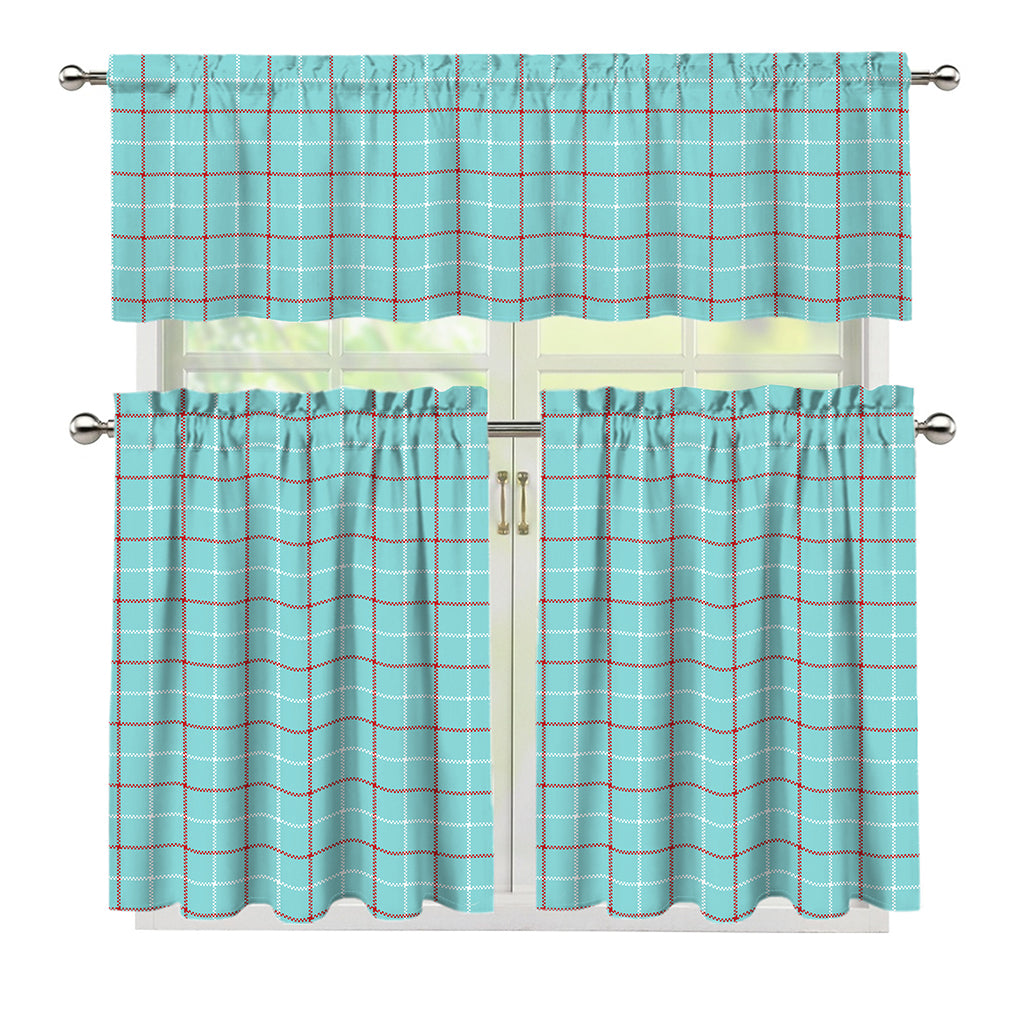 Blue White And Red Tattersall Print 3 Piece Kitchen Curtains