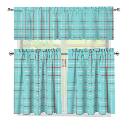 Blue White And Red Tattersall Print 3 Piece Kitchen Curtains