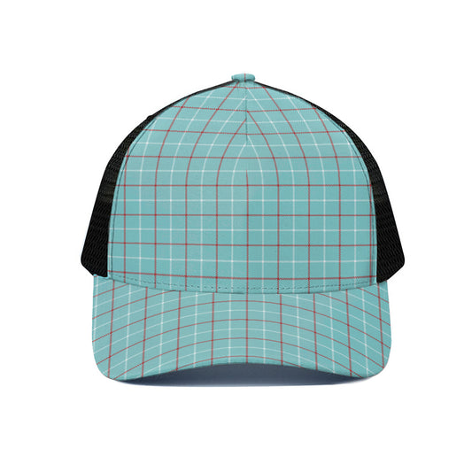Blue White And Red Tattersall Print Black Mesh Trucker Cap
