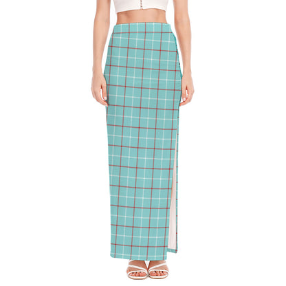 Blue White And Red Tattersall Print High Slit Maxi Skirt
