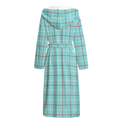 Blue White And Red Tattersall Print Hooded Bathrobe