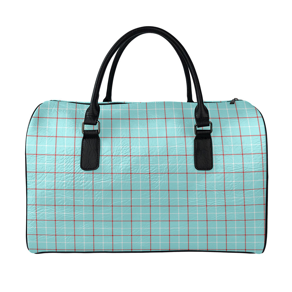 Blue White And Red Tattersall Print Leather Duffle Bag
