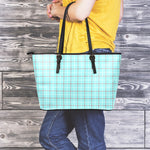 Blue White And Red Tattersall Print Leather Tote Bag