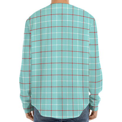Blue White And Red Tattersall Print Long Sleeve Baseball Jersey