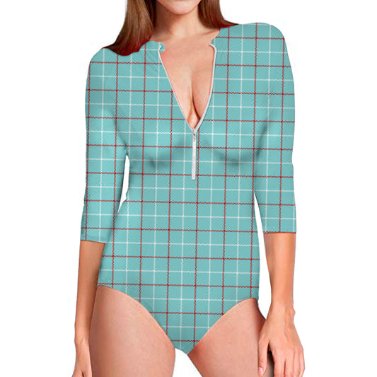Blue White And Red Tattersall Print Long Sleeve Swimsuit