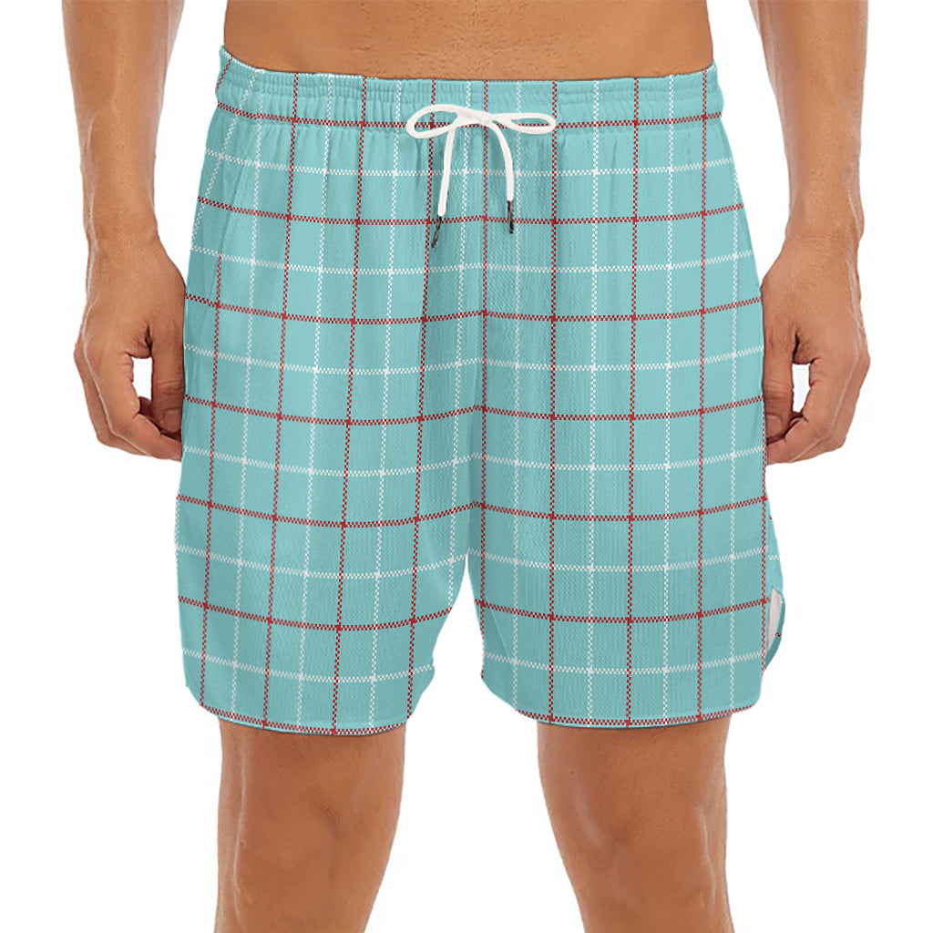 Blue White And Red Tattersall Print Men's Split Running Shorts