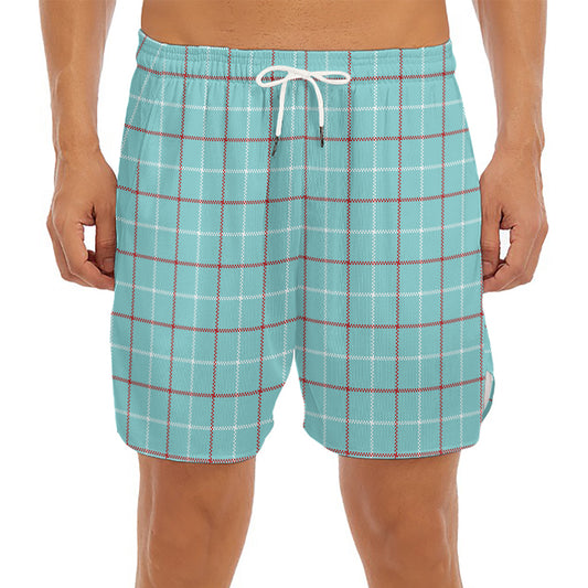 Blue White And Red Tattersall Print Men's Split Running Shorts
