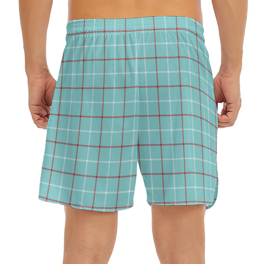 Blue White And Red Tattersall Print Men's Split Running Shorts