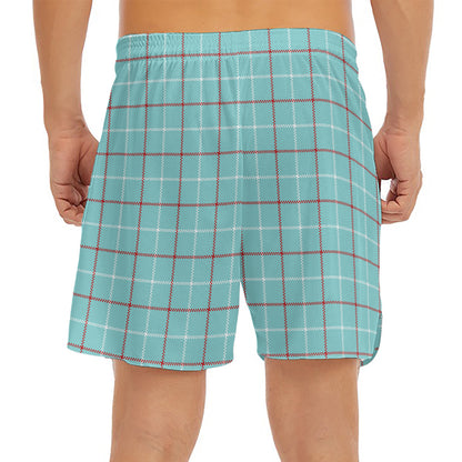 Blue White And Red Tattersall Print Men's Split Running Shorts