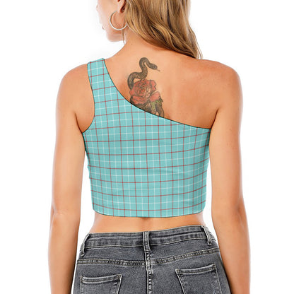 Blue White And Red Tattersall Print One Shoulder Crop Top