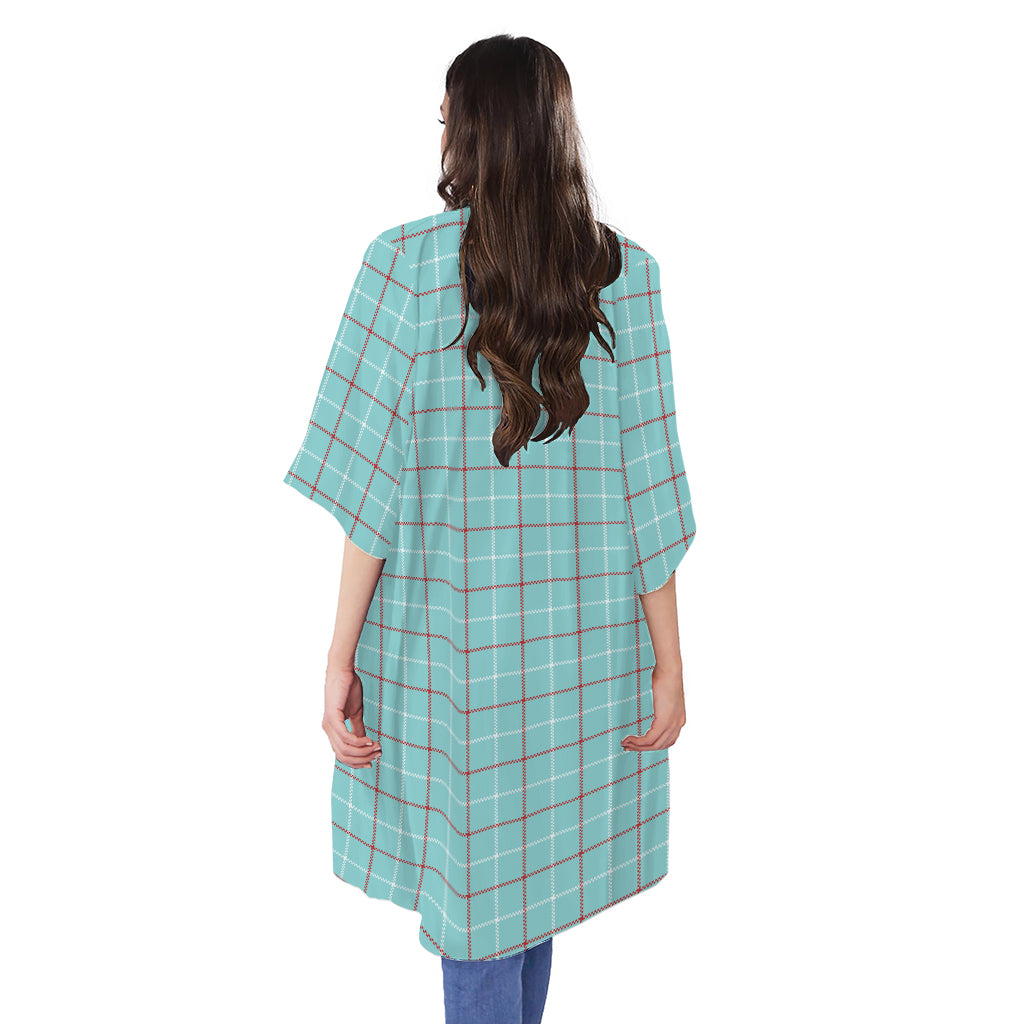 Blue White And Red Tattersall Print Open Front Beach Cover Up