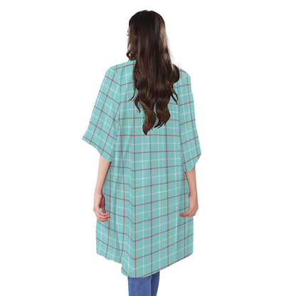 Blue White And Red Tattersall Print Open Front Beach Cover Up