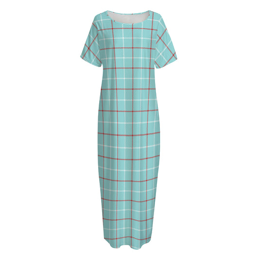 Blue White And Red Tattersall Print Short Sleeve Long Nightdress