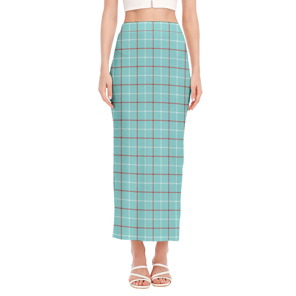 Blue White And Red Tattersall Print Side Slit Maxi Skirt