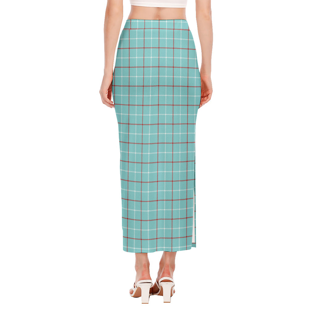 Blue White And Red Tattersall Print Side Slit Maxi Skirt