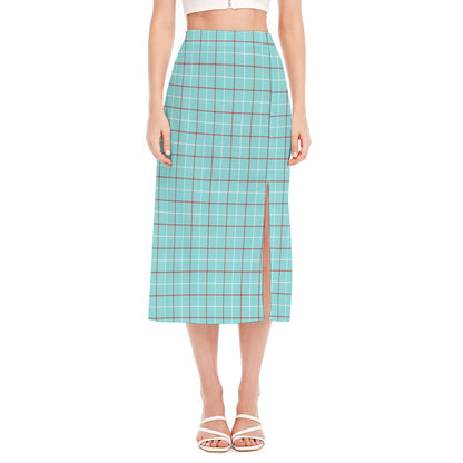 Blue White And Red Tattersall Print Side Slit Midi Skirt