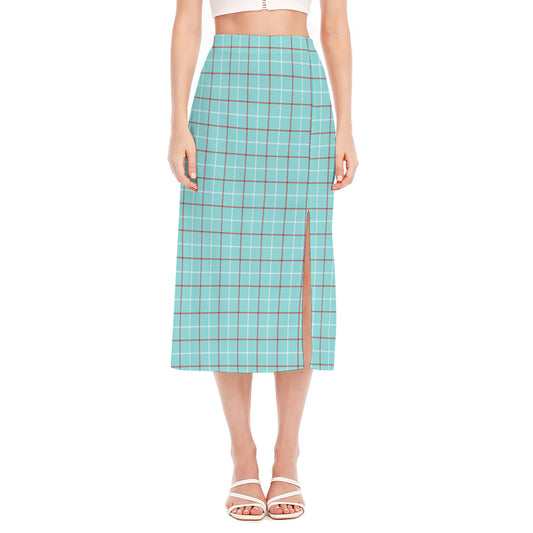 Blue White And Red Tattersall Print Side Slit Midi Skirt
