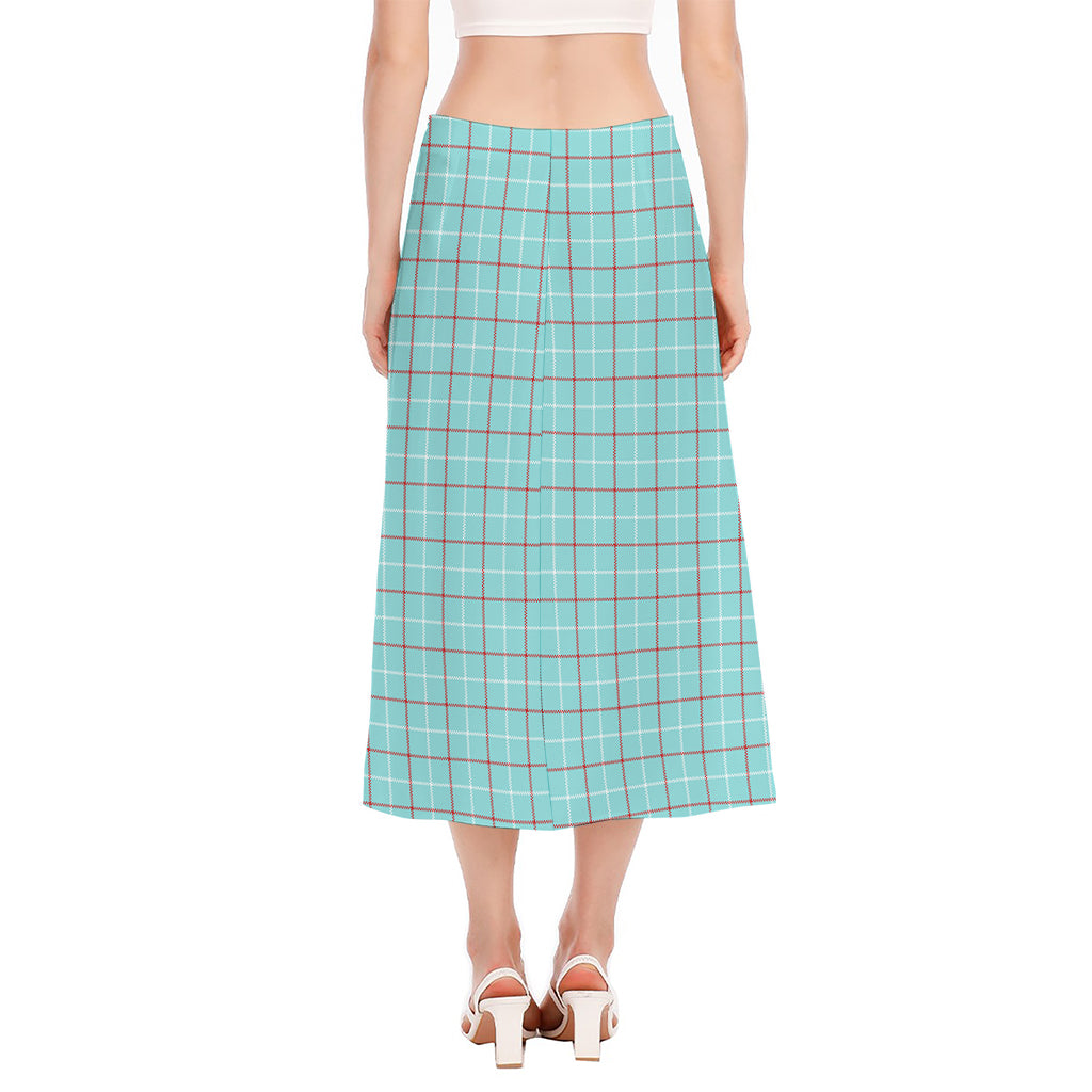 Blue White And Red Tattersall Print Side Slit Midi Skirt