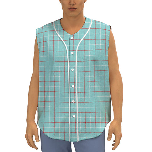 Blue White And Red Tattersall Print Sleeveless Baseball Jersey