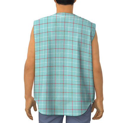 Blue White And Red Tattersall Print Sleeveless Baseball Jersey