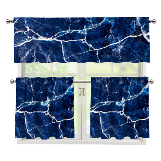 Blue White Marble Print 3 Piece Kitchen Curtains