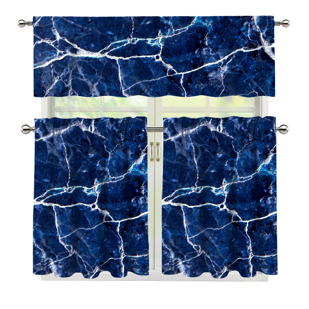 Blue White Marble Print 3 Piece Kitchen Curtains
