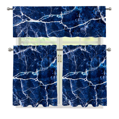 Blue White Marble Print 3 Piece Kitchen Curtains