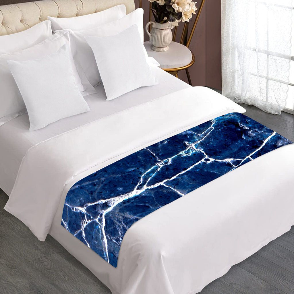 Blue White Marble Print Bed Runner