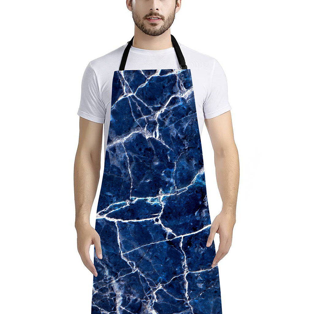 Blue White Marble Print Bib Apron With Pocket