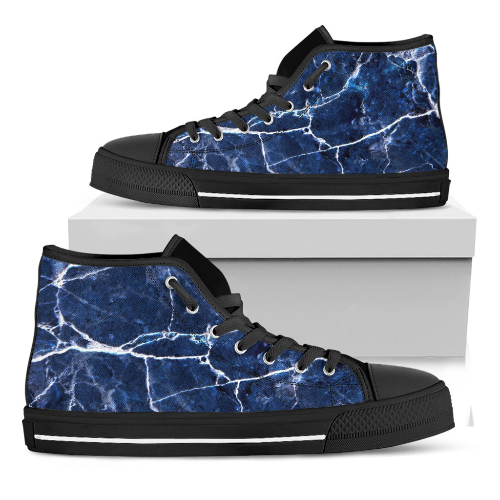 Blue White Marble Print Black High Top Sneakers
