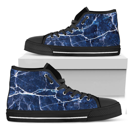 Blue White Marble Print Black High Top Sneakers