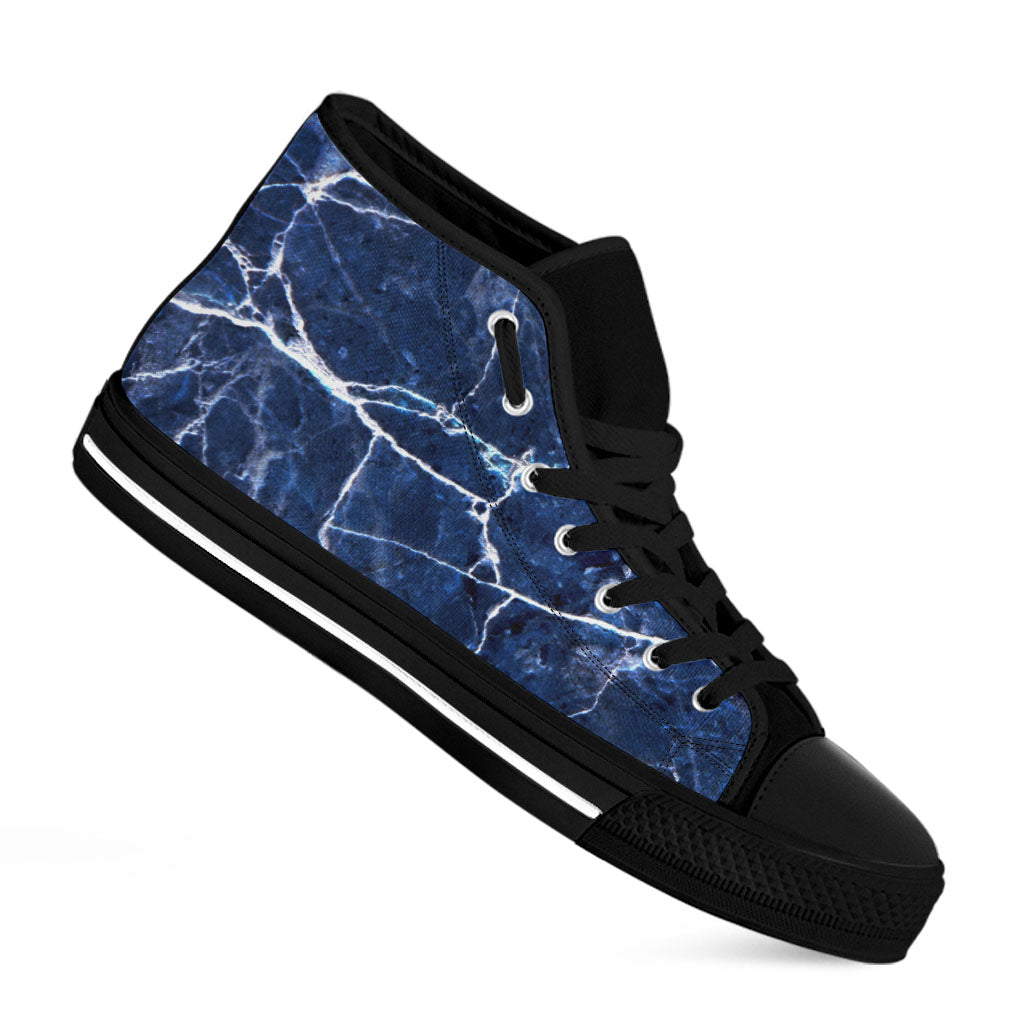 Blue White Marble Print Black High Top Sneakers