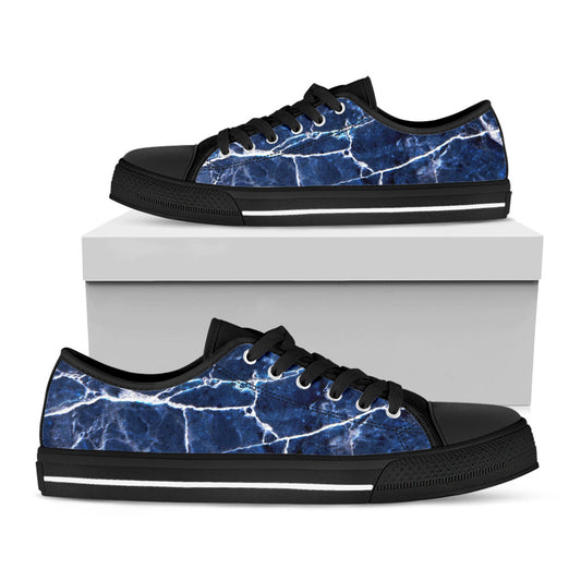 Blue White Marble Print Black Low Top Sneakers