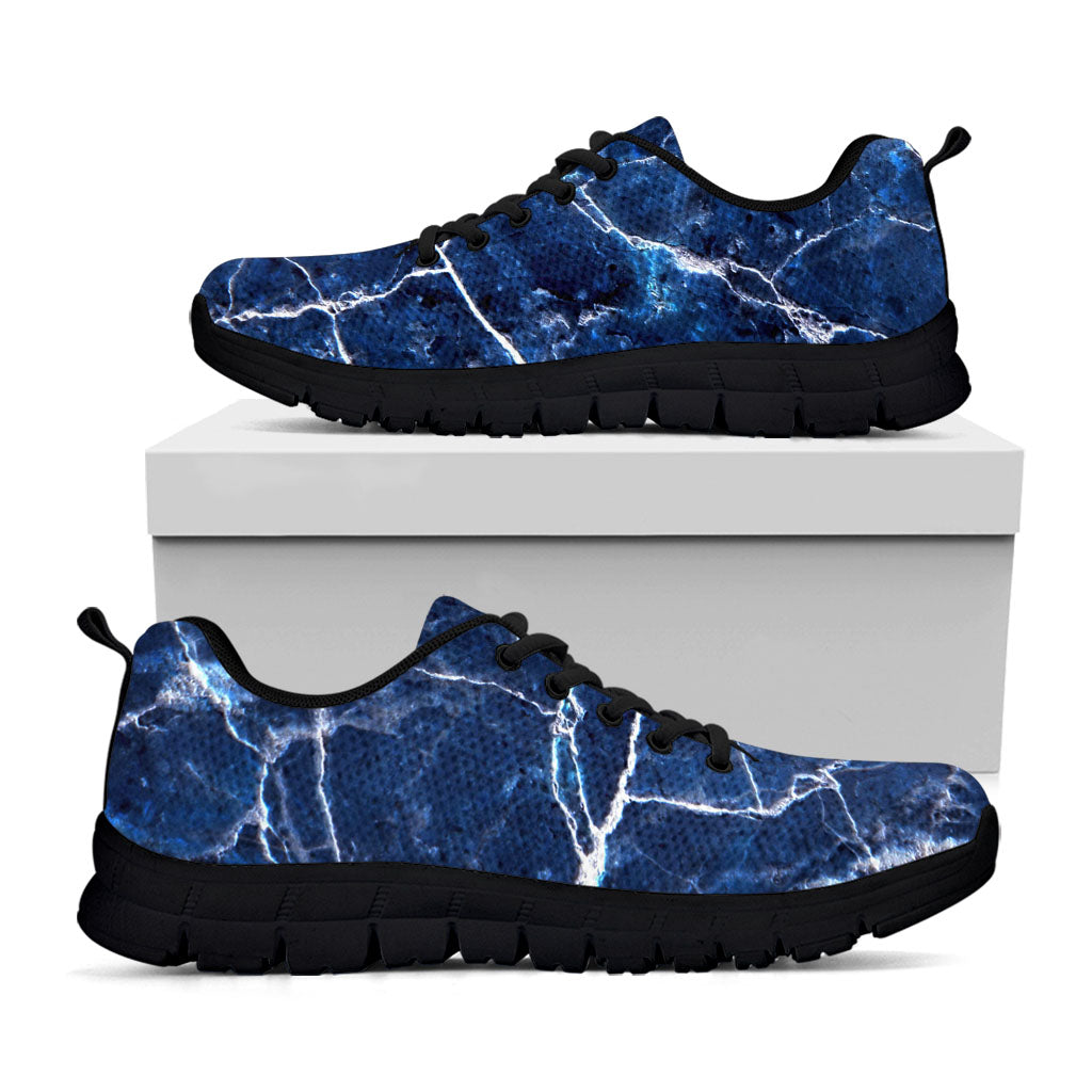 Blue White Marble Print Black Running Shoes