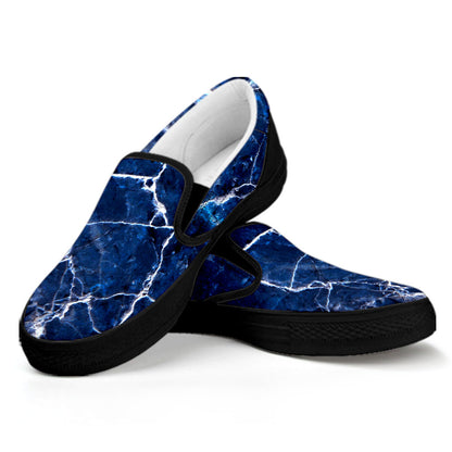 Blue White Marble Print Black Slip On Sneakers